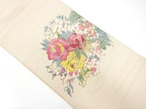 アンティーク　手織り紬　洋花模様織り出し名古屋帯